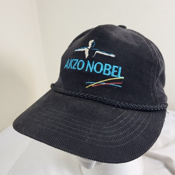 AKZO NOBEL Hat Snapback Baseball Vintage 90s Cap CORDUROY Dad Trucker Black - Picture 1 of 12